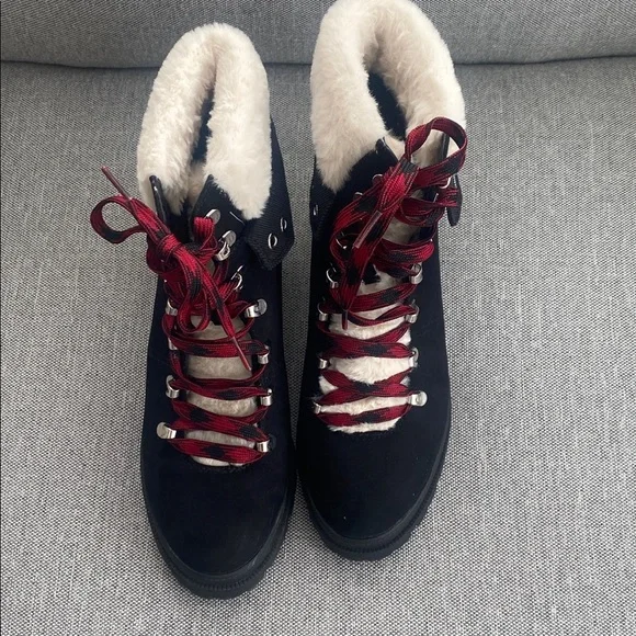 Jellypop mission, black faux suede with faux Sherpa trimmed Laced ankle boots 10 - Picture 4 of 11